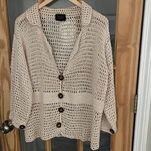 Pure Handknit Cream Crochet Open-Knit Cardigan with Brown Buttons Sz XL
